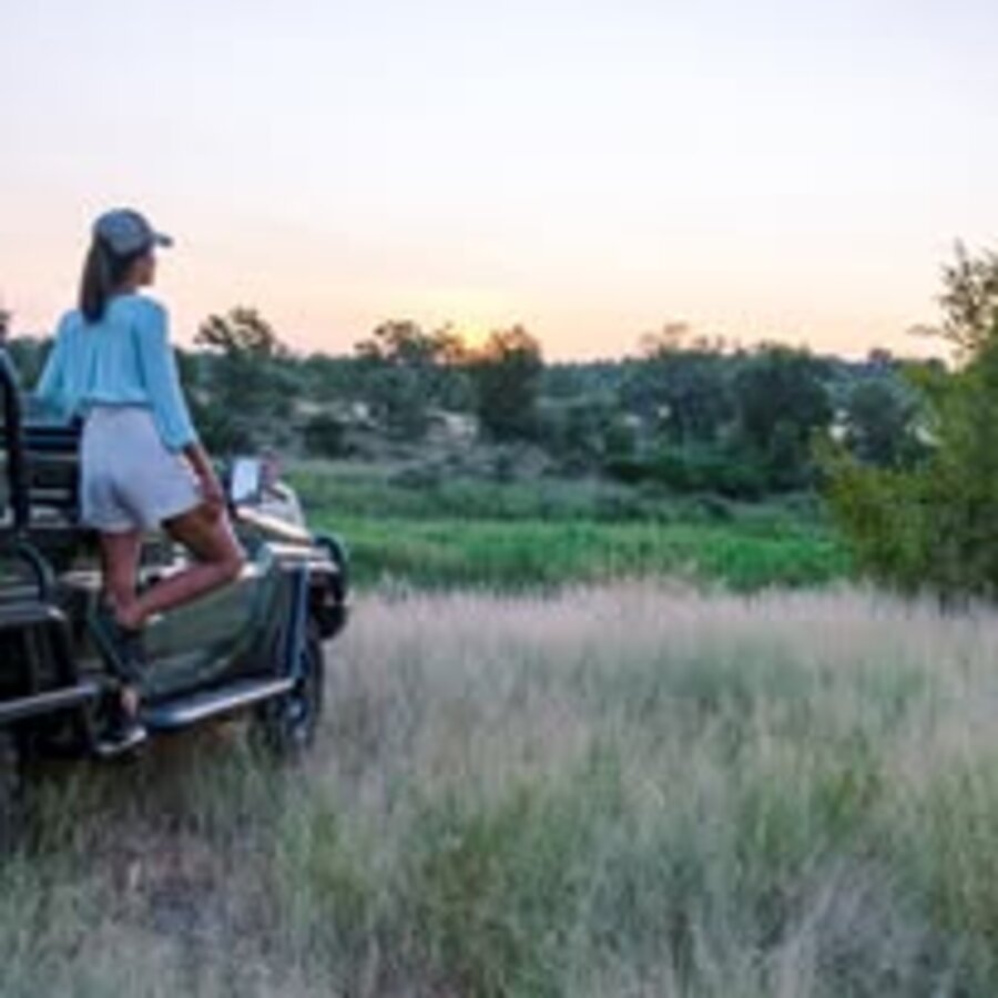 Woman on a safari vehicle at sunset